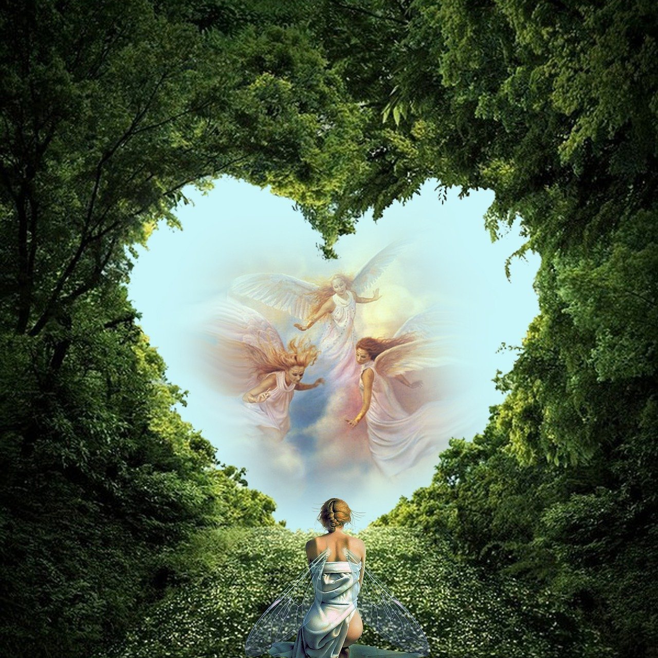 Imagen onírica de un hada, rezando de epaldas, frente aun corazón formado por la frondosidad de un bosque alrededor del cielo, donde se ven trés ángeles
